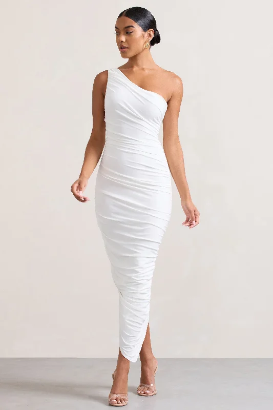 ladies-midi-dress-lilac-luster-Dorit | White One Shoulder Asymmetric Ruched Midi Dress