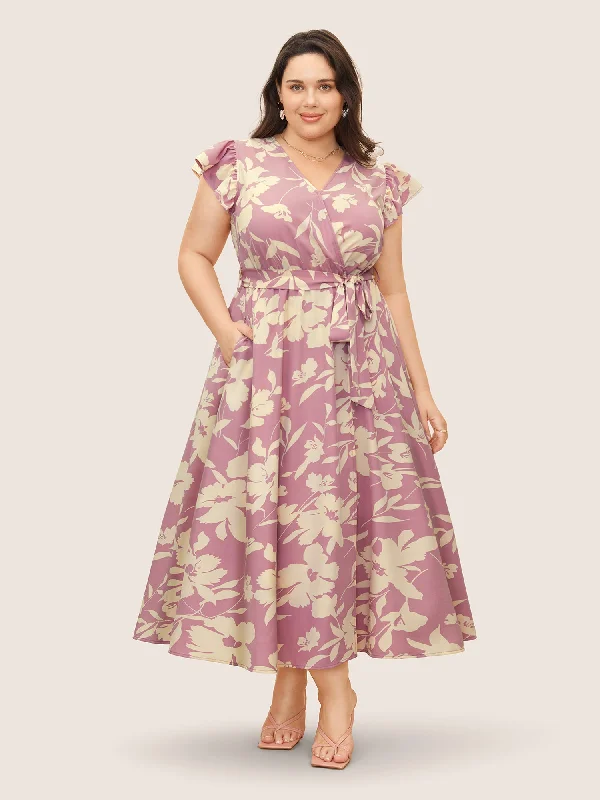 ladies-floral-dress-pleated-pansy-Silhouette Floral Print Wrap Ruffle Cap Sleeve Dress