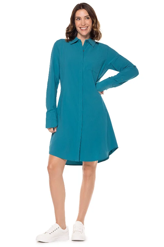 Women's shirt dress plush pop -Women's Malta Travel Shirt Dress | Tahitian Teal Shadow Stripe