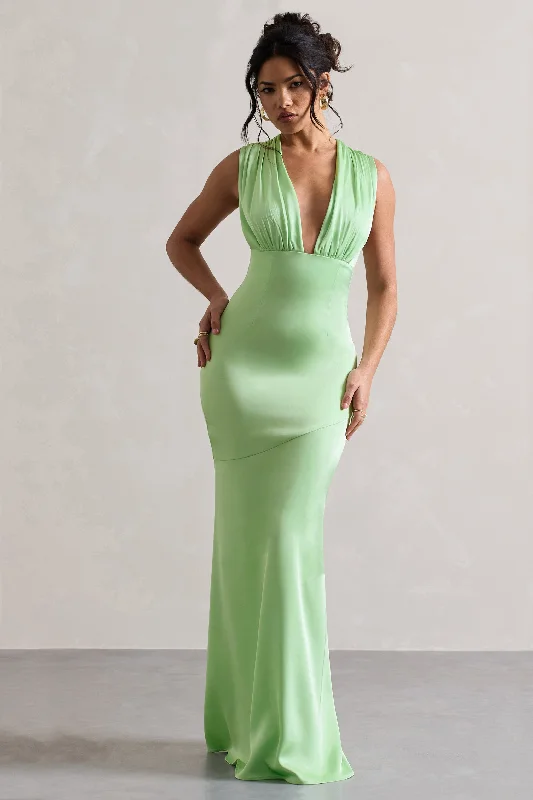 ladies-maxi-dress-floor-length-chic-Azzara | Light Green Satin Ruched V-Neck Maxi Dress