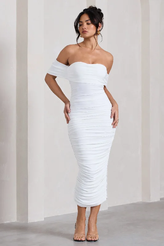 ladies-midi-dress-comfortable-charm-Lost For Words | White Bardot Ruched Draped Midi Dress