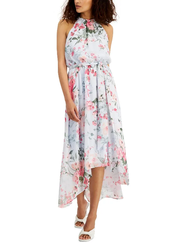 ladies-floral-dress-olive-orchid-Womens Floral Print Hi-Low Halter Dress