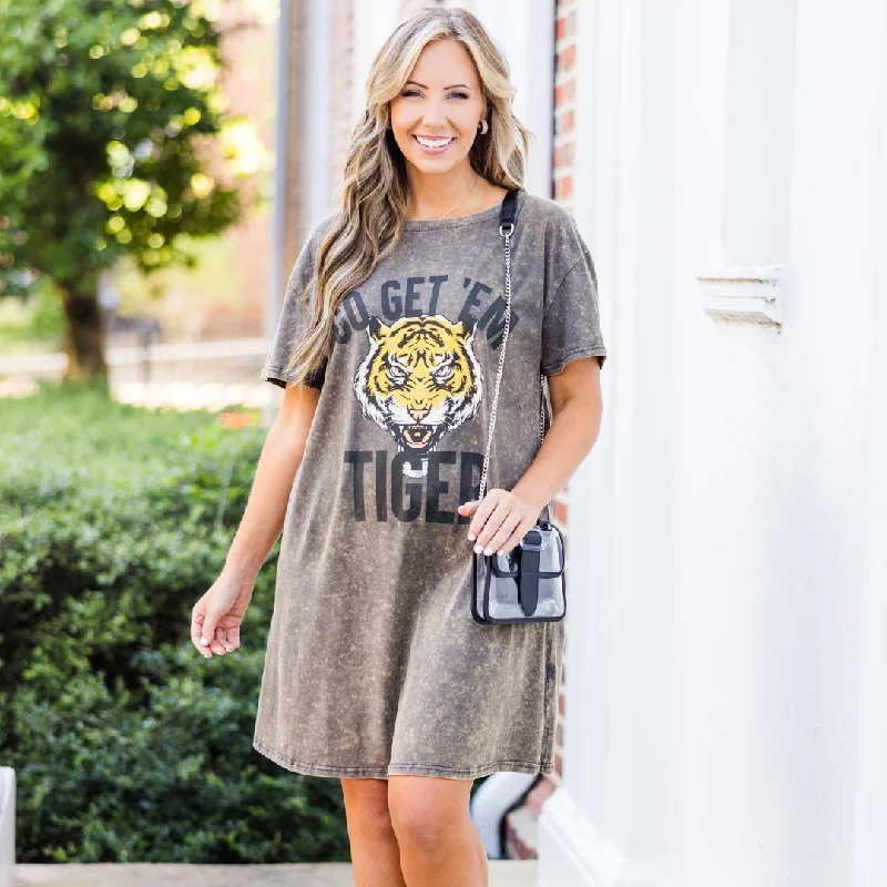 Women's shirt dress flare glow -Go Tigers T-Shirt Dress, Charcoal