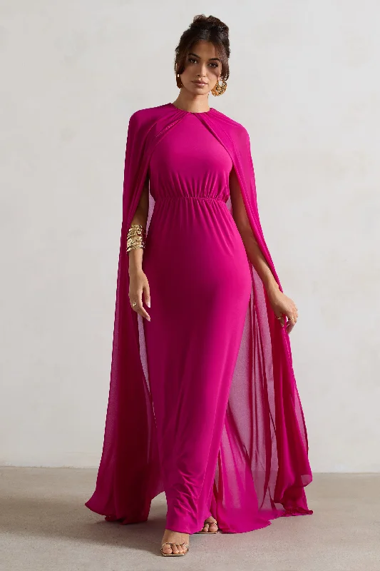 ladies-maxi-dress-boho-bloom-Envy | Dark Pink High-Neck Maxi Dress With Chiffon Cape