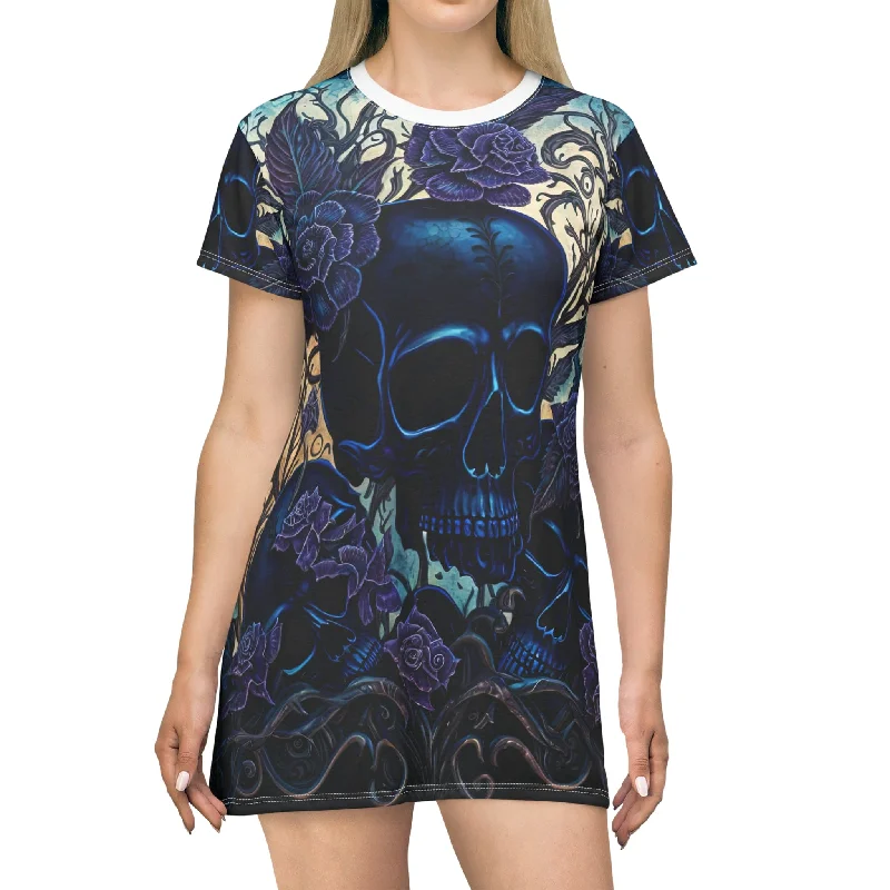 Women's shirt dress gleam flair -Blue Skull & Flowers Short Sleeve T-Shirt Dress