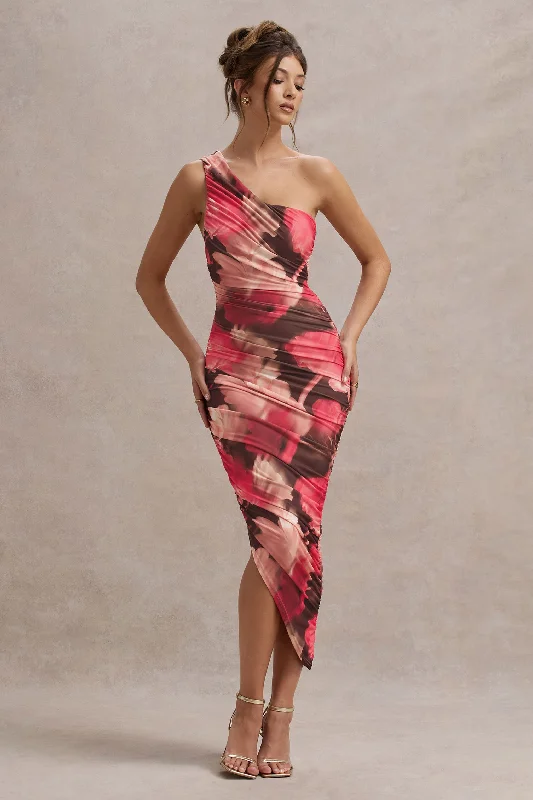 ladies-midi-dress-shimmer-sweep-Dorit | Red Floral Print One Shoulder Asymmetric Ruched Midi Dress