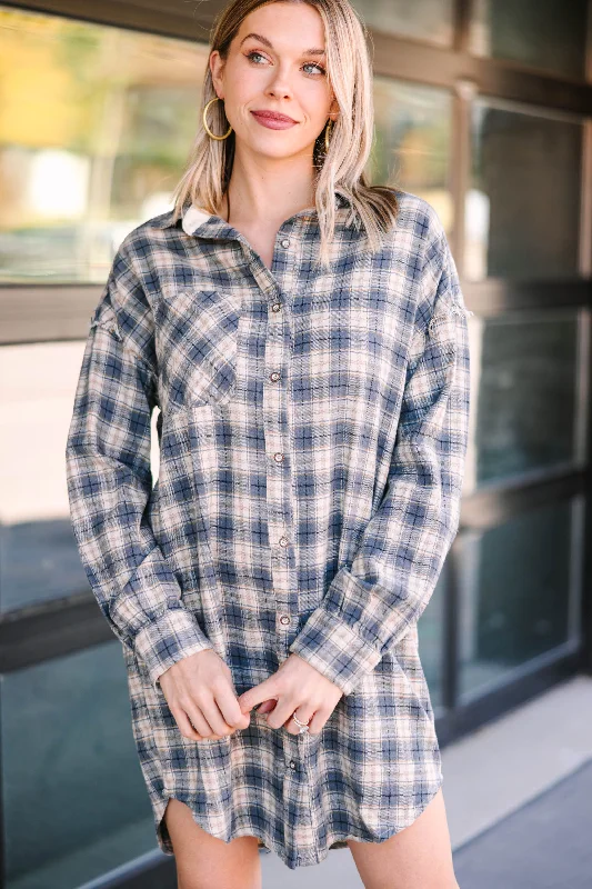 Women's shirt dress sway glow -Feeling Your Very Best Slate Blue Plaid Shirt Dress