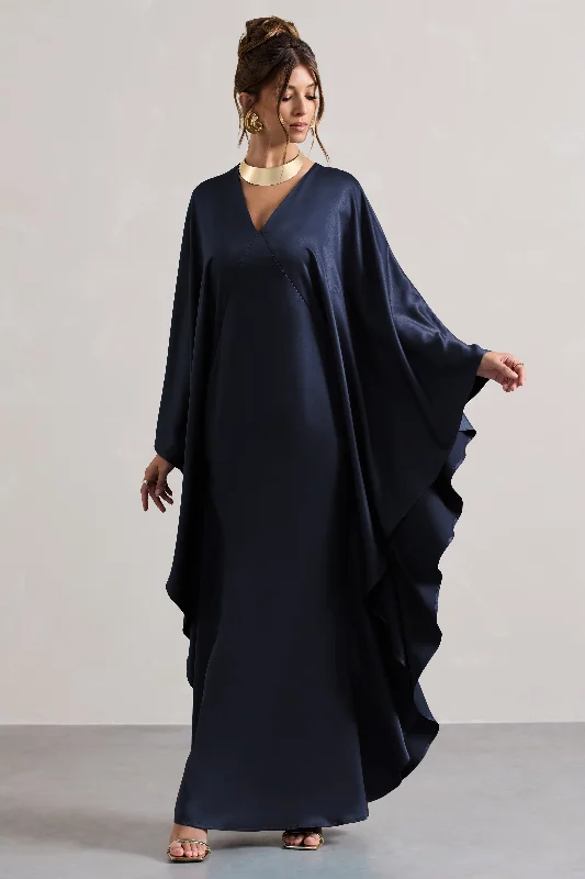 ladies-maxi-dress-breathable-breeze-Alohi | Navy Satin Plunge Cape Maxi Dress