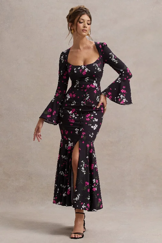 ladies-maxi-dress-denim-depth-Catalonia | Black Ditsy Floral Print Chiffon Long-Sleeve Split Maxi Dress