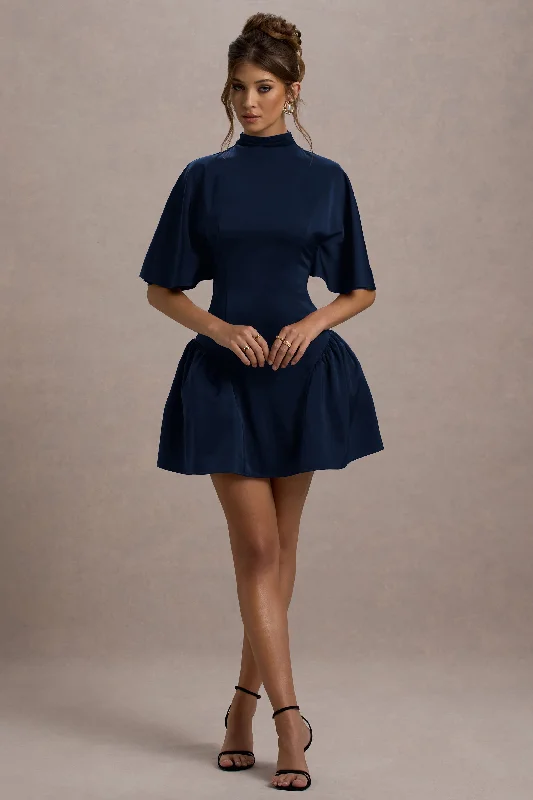 Women's mini dress clean pop -Alva | Navy High-Neck Short-Sleeve Mini Dress With Volume Skirt