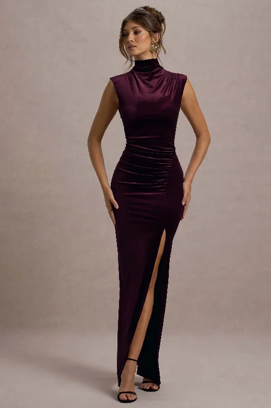 ladies-maxi-dress-travel-twirl-Abilene | Port Velvet High-Neck Split Maxi Dress