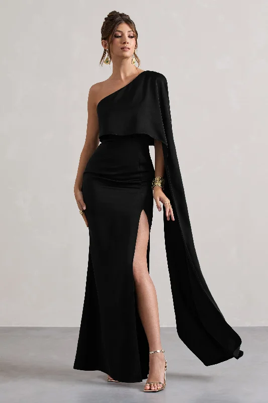 ladies-maxi-dress-rose-rush-Amora | Black Satin Asymmetric Cape-Sleeve Split Maxi Dress