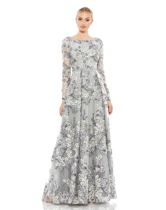 ladies-floral-dress-tropical-tulip-Floral Embellished Illusion Sleeve A-Line Gown