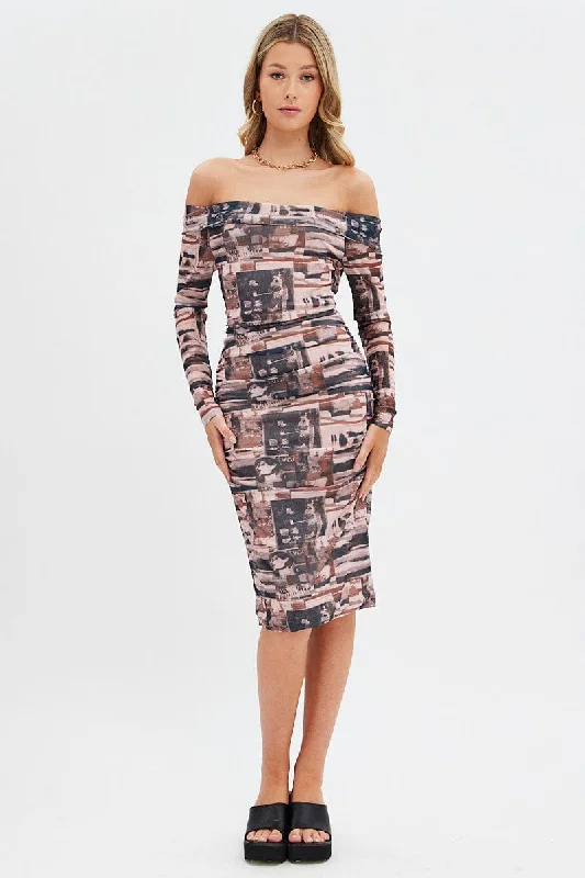 ladies-bodycon-dress-playful-pinch-Brown Print Midi Dress Bardot Off Shoulder Bodycon Ruched