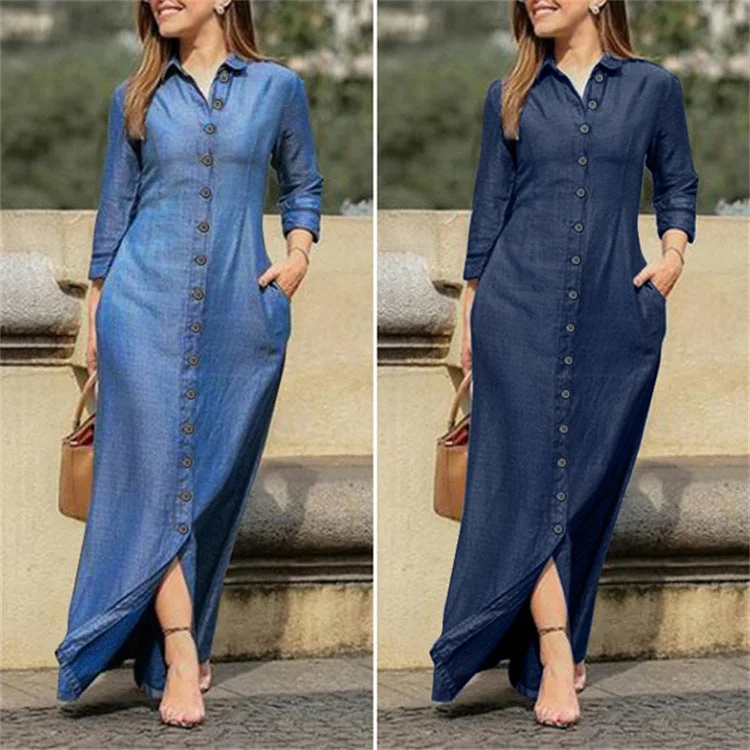 Women's shirt dress low glow -Shirt Collar Denim Button Maxi Dress