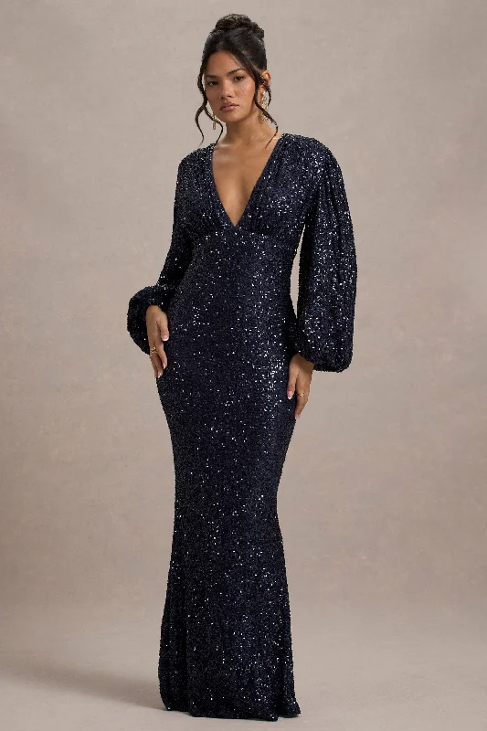 ladies-maxi-dress-bold-bloom-Kaelin | Navy Sequin Plunge-Neck Maxi Dress