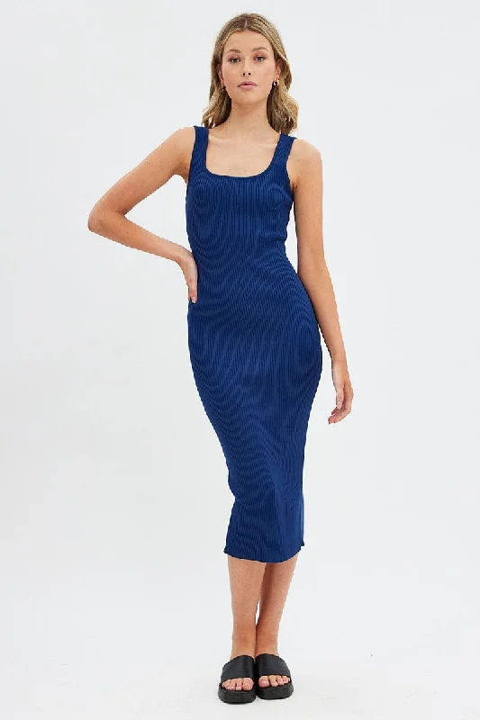 ladies-bodycon-dress-nightlife-nerve-Blue Knit Midi Dress Sleeveless Scoop Neck Bodycon Rib