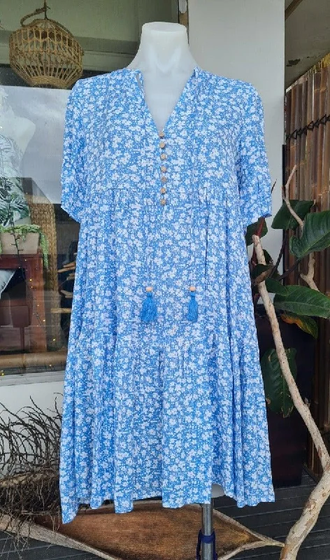 ladies-floral-dress-statement-stem-Salty Bright S0427-113 Cornflour Blue Floral Rayon Dress