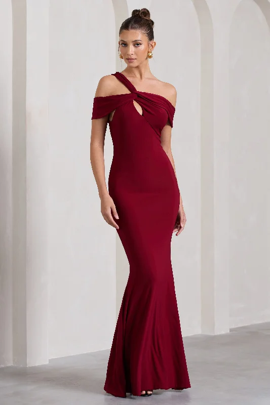 ladies-maxi-dress-orange-orchid-Captivating | Berry Red Strappy Asymmetric Cut-Out Maxi Dress