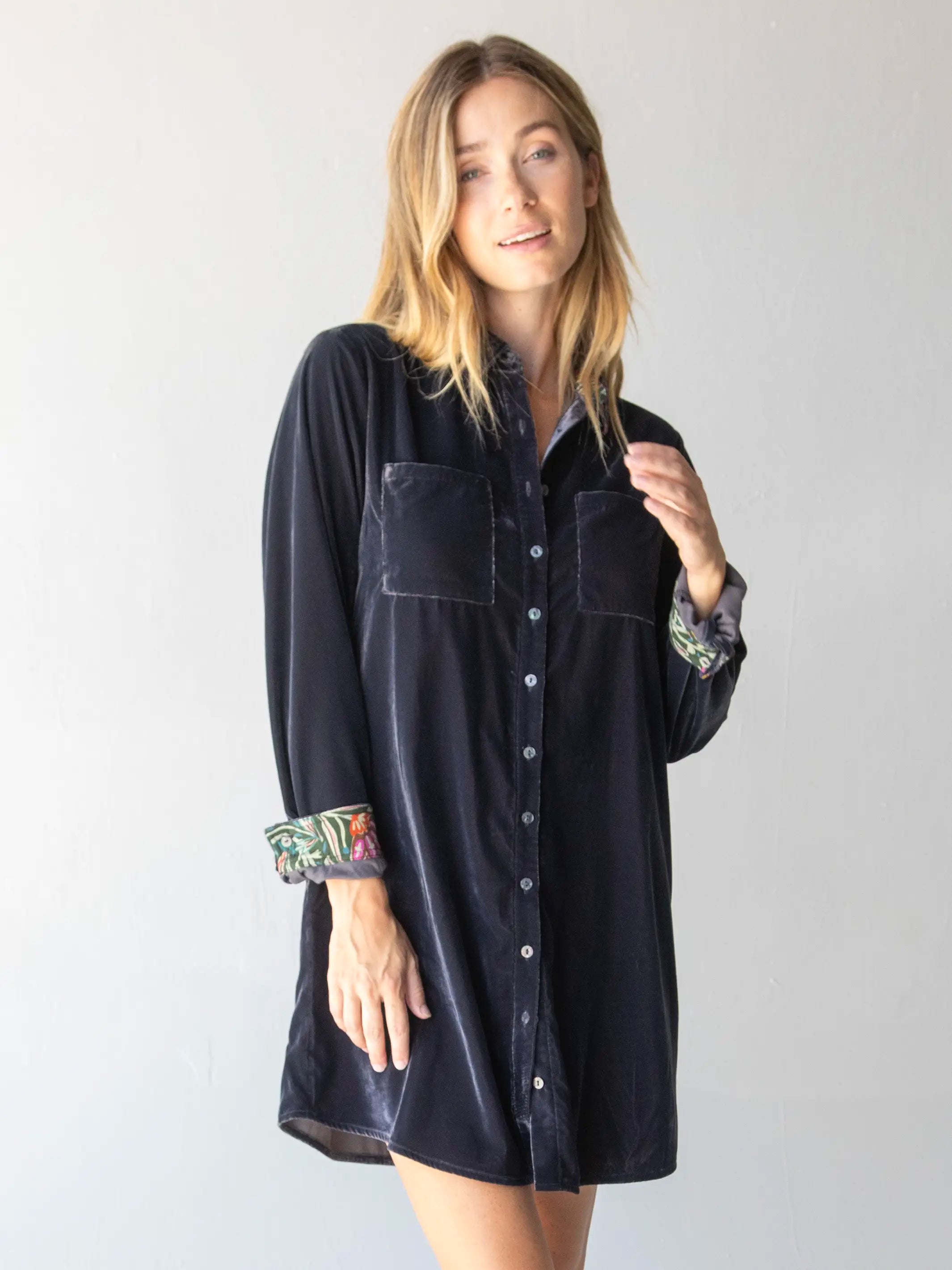 Women's shirt dress geo chic -Rocky Velvet Shirt Dress - Slate Grey