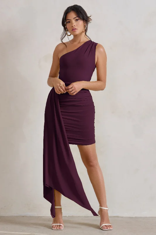 Women's mini dress short glow -Charlie | Plum One Shoulder Ruched Mini Dress With Statement Drape