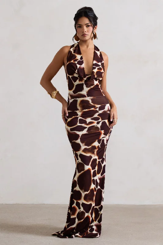 ladies-maxi-dress-preppy-pride-Tulum | Giraffe Print Cowl-Neck Gathered Split Maxi Dress