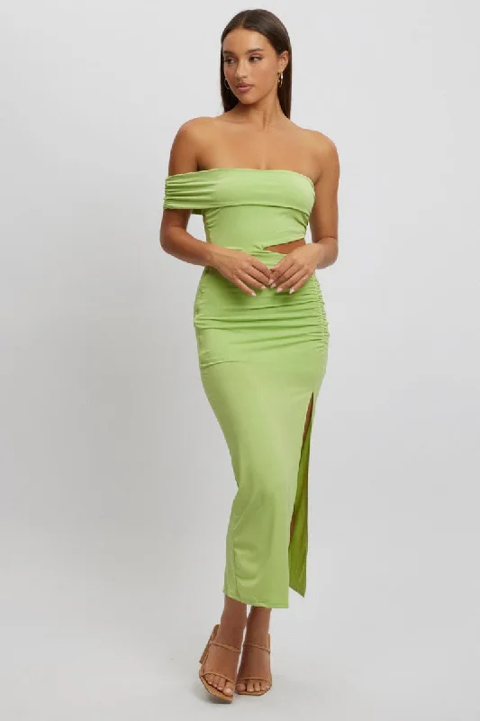 ladies-bodycon-dress-puff-sleeve-pop-Green Bodycon Dress One Shoulder Maxi