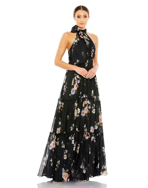 ladies-floral-dress-80s-iris-Floral Print Ruched Tiered High Neck Bow Gown