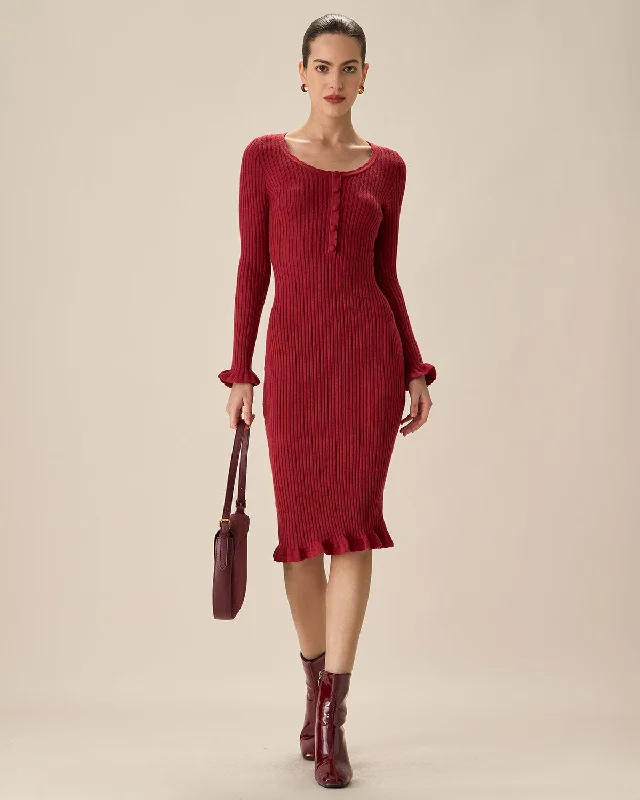 ladies-bodycon-dress-cut-out-curve-Red Bodycon Bell Sleeve Sweater Dress