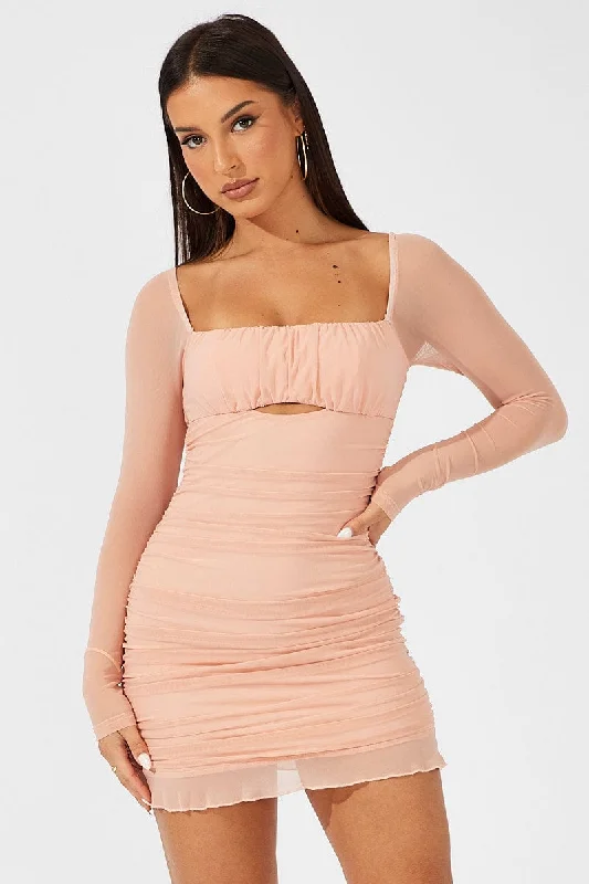 ladies-bodycon-dress-subtle-sleek-Pink Bodycon Dress Ruched Mesh