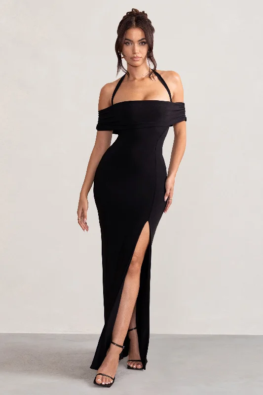 ladies-maxi-dress-photo-prance-Anisa | Black Halter Neck Bardot Maxi Dress With Thigh Split