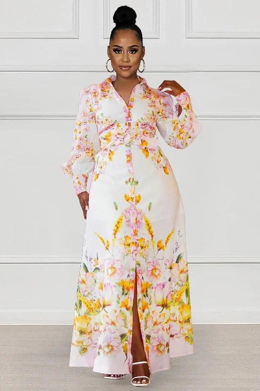 Women's shirt dress vine chic -FLORAL PRINT SLIT BELTED LONG SLEEVE SHIRT MAXI DRESS