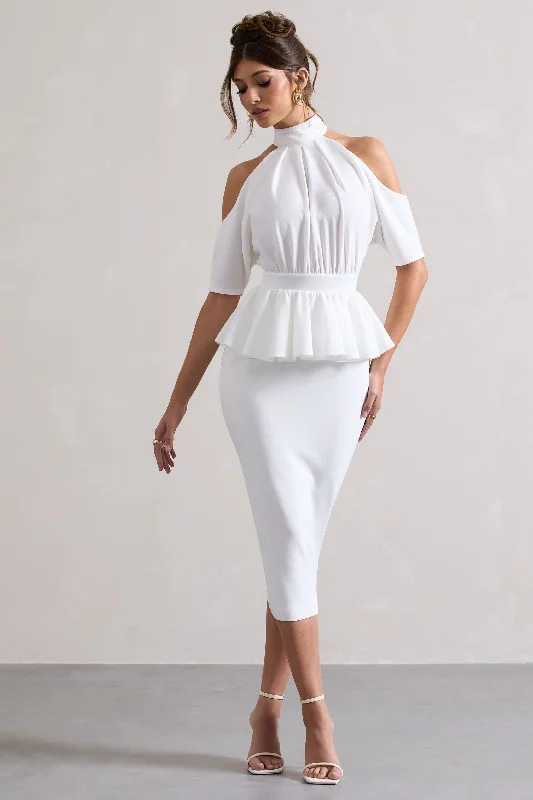 ladies-midi-dress-sleeveless-chic-Yves | White High-Neck Cut-Out Midi Dress With Peplum Waist