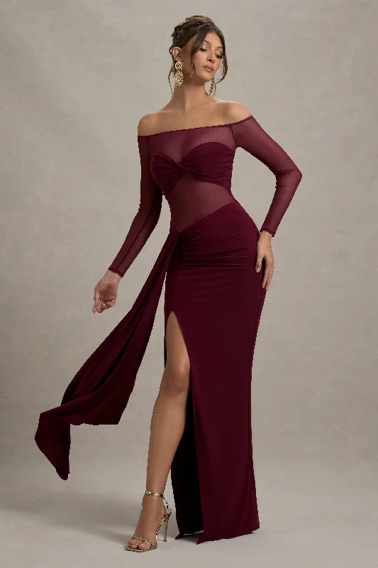 ladies-maxi-dress-preppy-pride-Cover Star | Burgundy Mesh Bardot Long-Sleeve Draped Maxi Dress