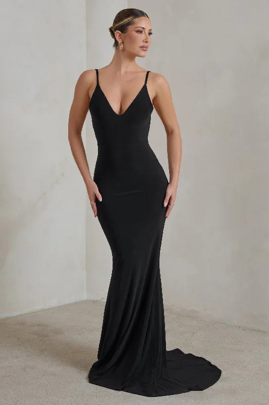 ladies-maxi-dress-runway-rush-Endless Love | Black Backless Knot Detail Fishtail Maxi Dress