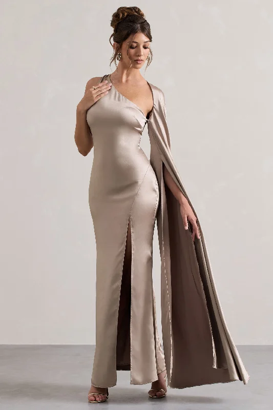 ladies-maxi-dress-mono-muse-Gala | Taupe Satin One-Shoulder Cape Sleeve Split Maxi Dress