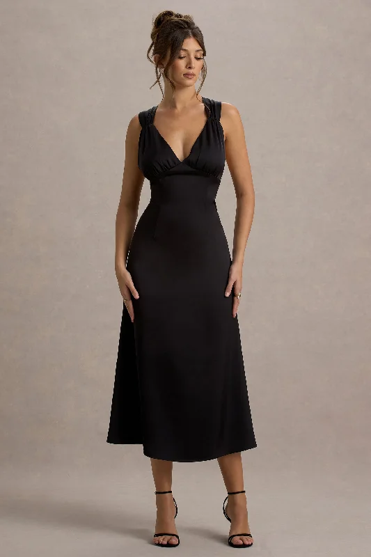 ladies-midi-dress-lemon-luxe-Beck | Black Satin Plunge-Neck Cross-Back Midi Dress