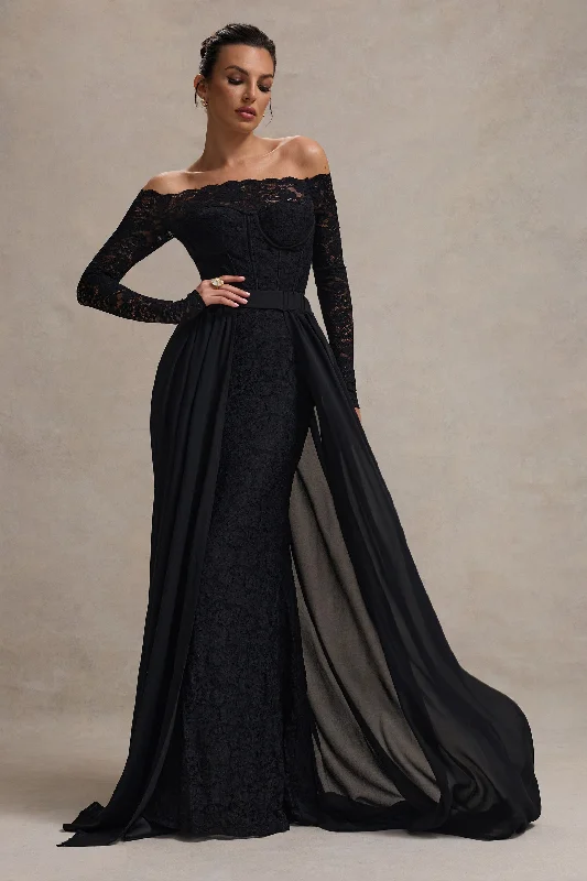 ladies-maxi-dress-cut-out-charm-Astoria | Black Lace Bardot Maxi Dress With Chiffon Skirt