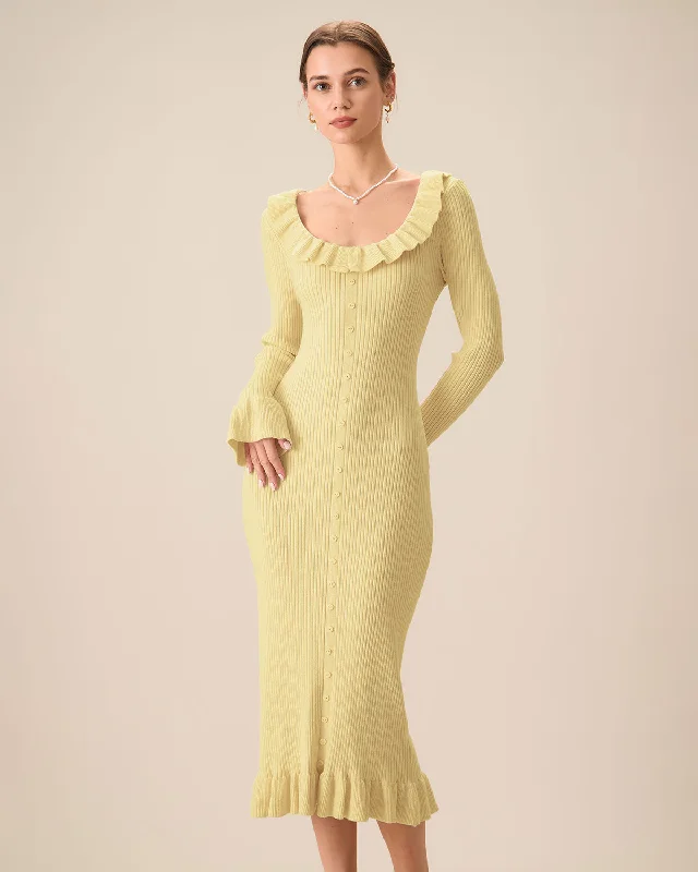 ladies-bodycon-dress-sepia-sass-Yellow U-Neck Ruffle Bodycon Sweater Dress