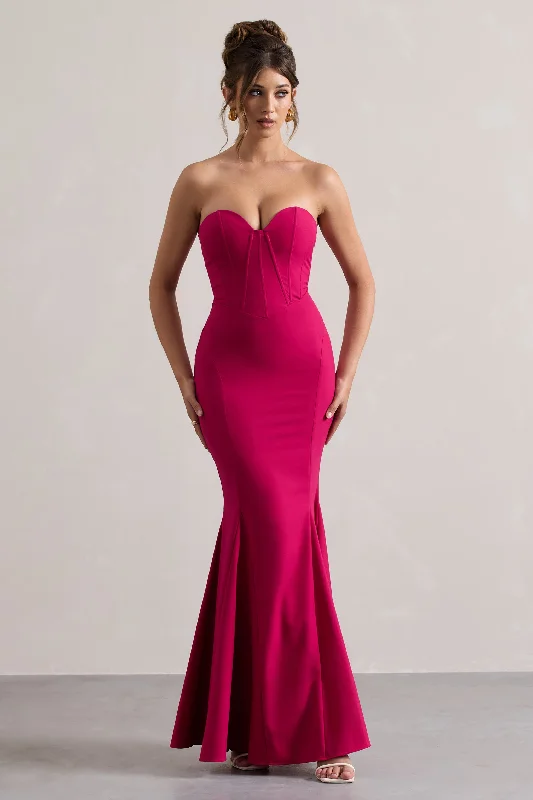 ladies-maxi-dress-color-calm-Idyllic | Hot Pink Strapless Corset Style Fishtail Maxi Dress