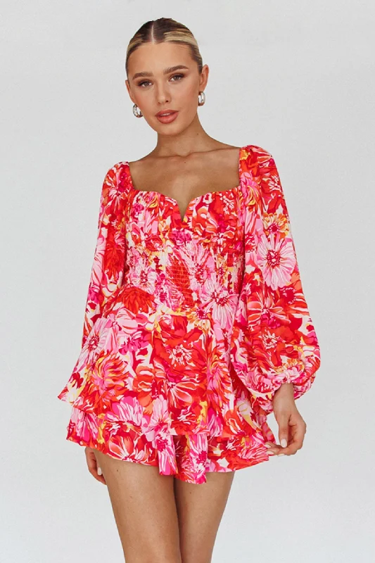 ladies-floral-dress-short-sleeve-petal-Evanice Shirred Waist Romper Floral Red