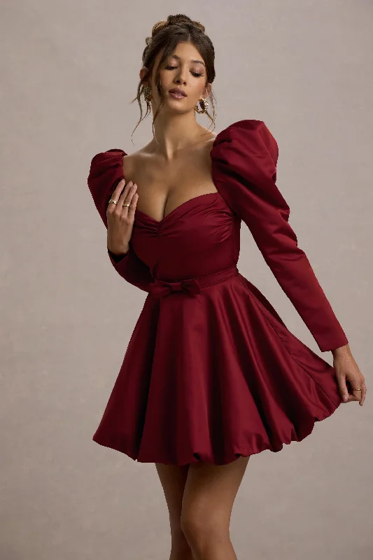 Women's mini dress long pop -Murphy | Burgundy Satin Belted Mini Dress With Puff Sleeves