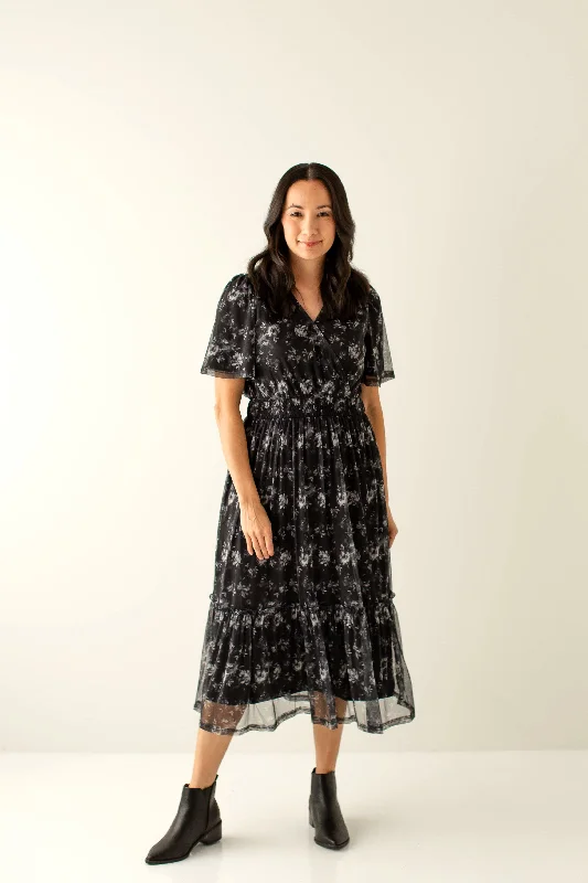 ladies-midi-dress-custom-chic-'Roberta' Surplice Printed Mesh Midi Dress in Black