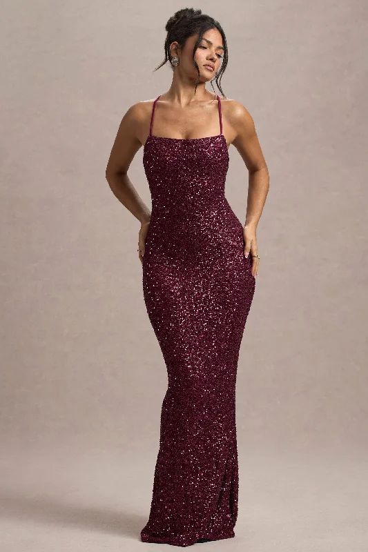 ladies-maxi-dress-budget-beauty-Cosmic | Berry Sequin Square-Neck Strappy Maxi Dress