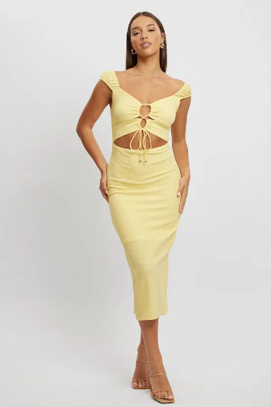 ladies-bodycon-dress-plus-size-sexy-Yellow Bodycon Dress Textured Midi