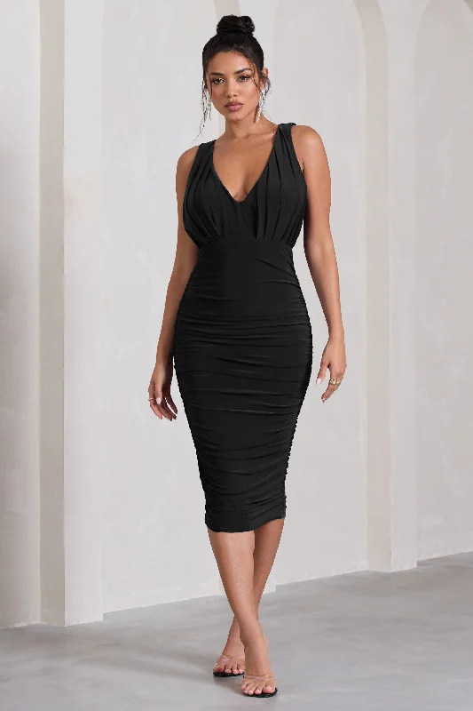 ladies-midi-dress-sophisticated-sway-Marlowe | Black Ruched Plunge Sleeveless Midi Dress