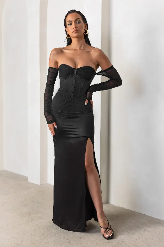 ladies-maxi-dress-cold-shoulder-chic-My Prize | Black Satin Bardot Mesh Long Sleeve Maxi Dress With Thigh Split