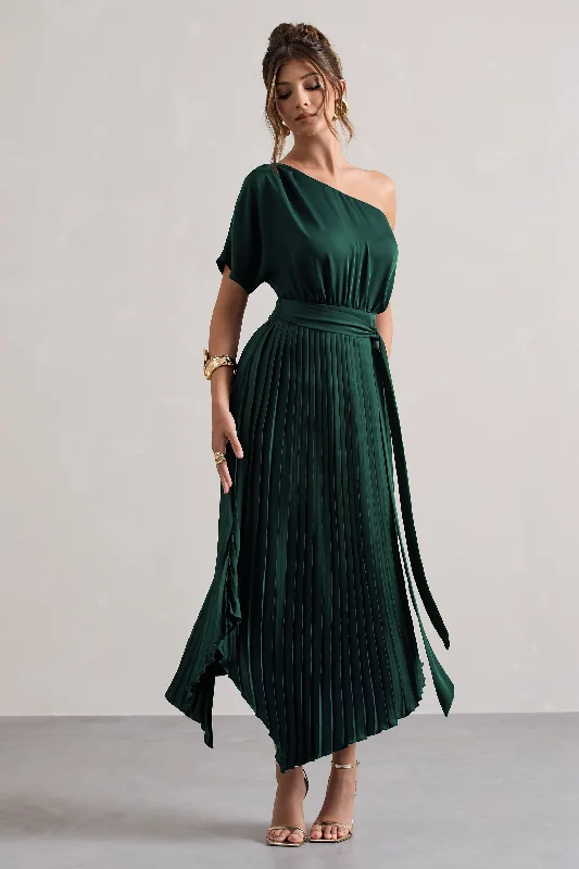 ladies-maxi-dress-loose-luxe-India | Bottle Green Satin Asymmetric Plisse Maxi Dress