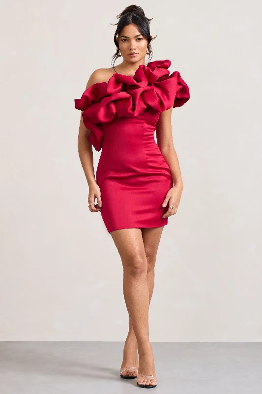 Women's mini dress job flair -At The Opera | Red Satin One Shoulder Ruffled Mini Dress