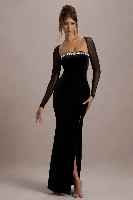 ladies-maxi-dress-chartreuse-charm-Ashby | Black Velvet Embellished Square-Neck Split Maxi Dress